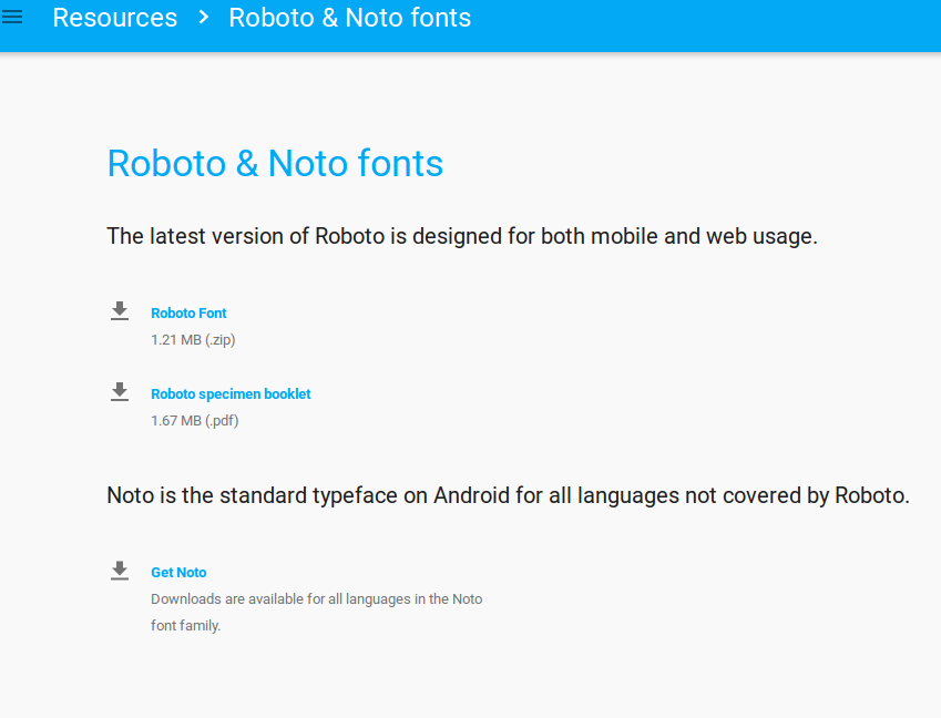 Вы можете посетить   Roboto & Noto шрифты   страницы и скачать их оттуда